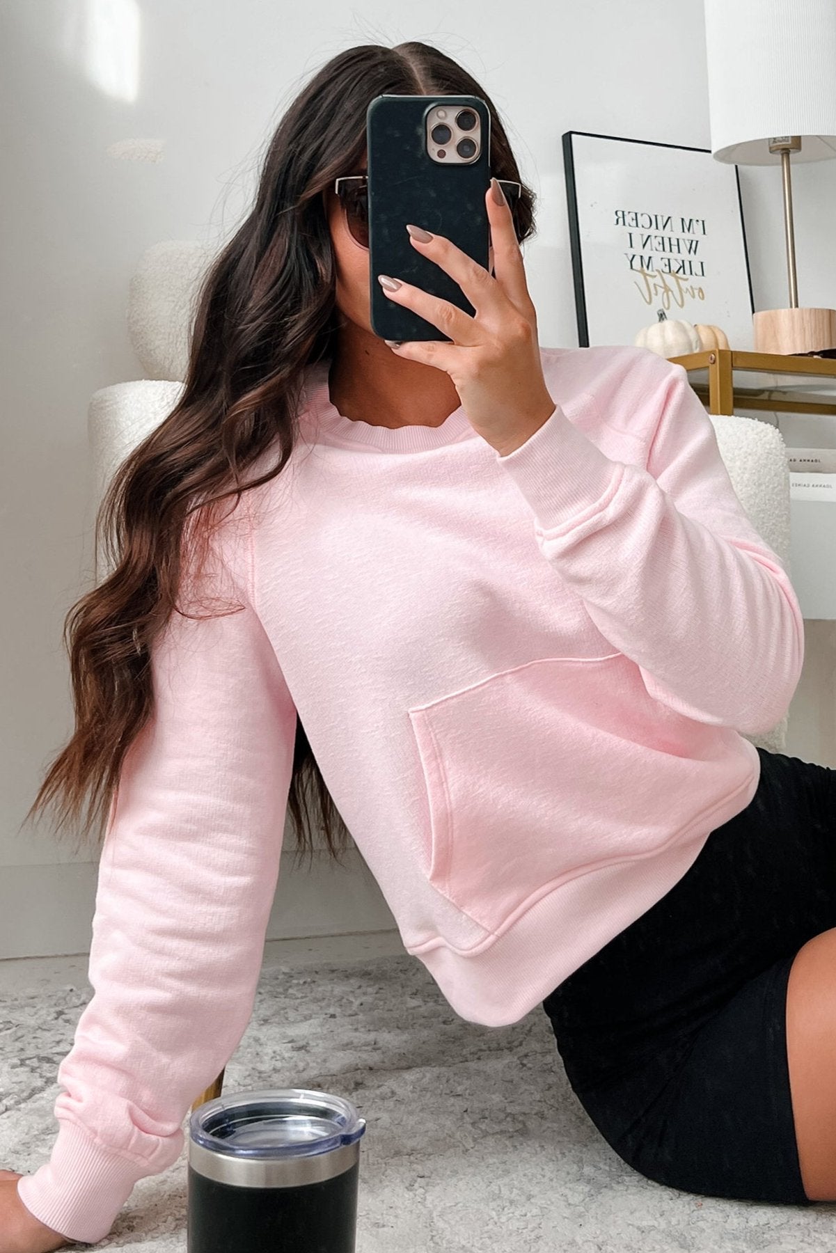 At Home Vibes Raglan Sleeve Pocket Sweatshirt (Pale Pink) - NanaMacs