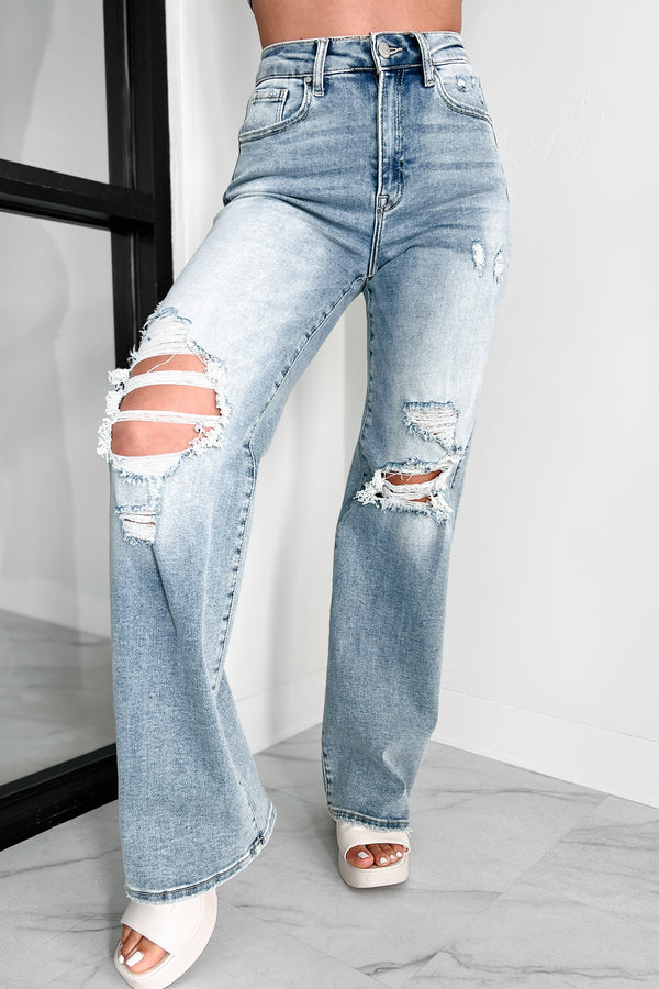 Kam High Rise Distressed Straight Leg Jeans (Light) - NanaMacs