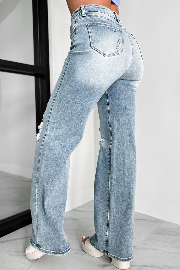 Kam High Rise Distressed Straight Leg Jeans (Light) - NanaMacs