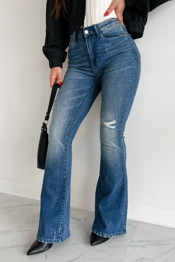 Matty Judy Blue High Rise Distressed Flare Jeans (Dark)