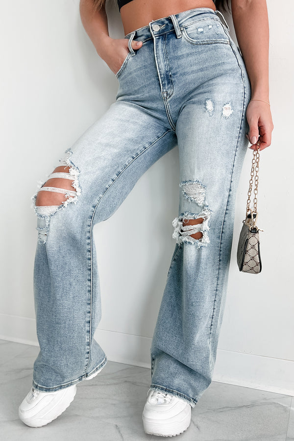 Kam High Rise Distressed Straight Leg Jeans (Light) - NanaMacs