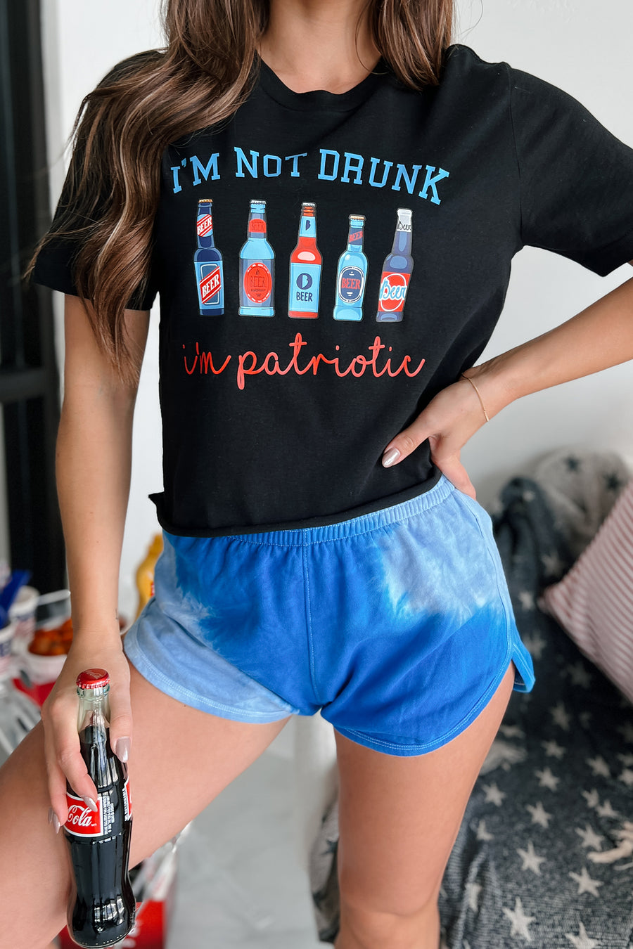 "I'm Not Drunk, I'm Patriotic" Raw Hem Graphic T-Shirt (Black) - Print On Demand