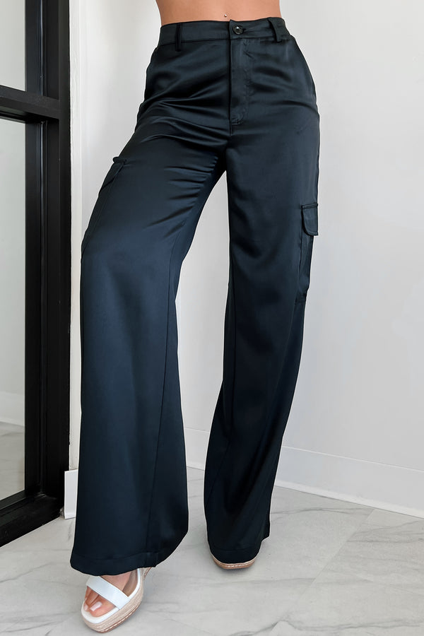 Clearing The Air Wide Leg Satin Cargo Pants (Black) - NanaMacs