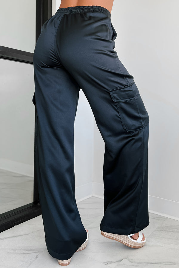 Clearing The Air Wide Leg Satin Cargo Pants (Black) - NanaMacs