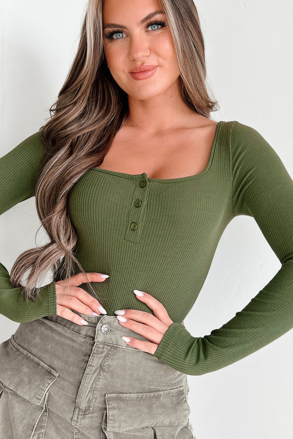 Time's Up Ribbed Long Sleeve Henley Bodysuit (Olive) - NanaMacs