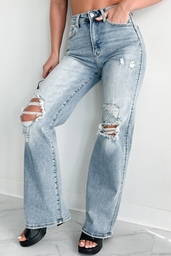 Kam High Rise Distressed Straight Leg Jeans (Light) - NanaMacs