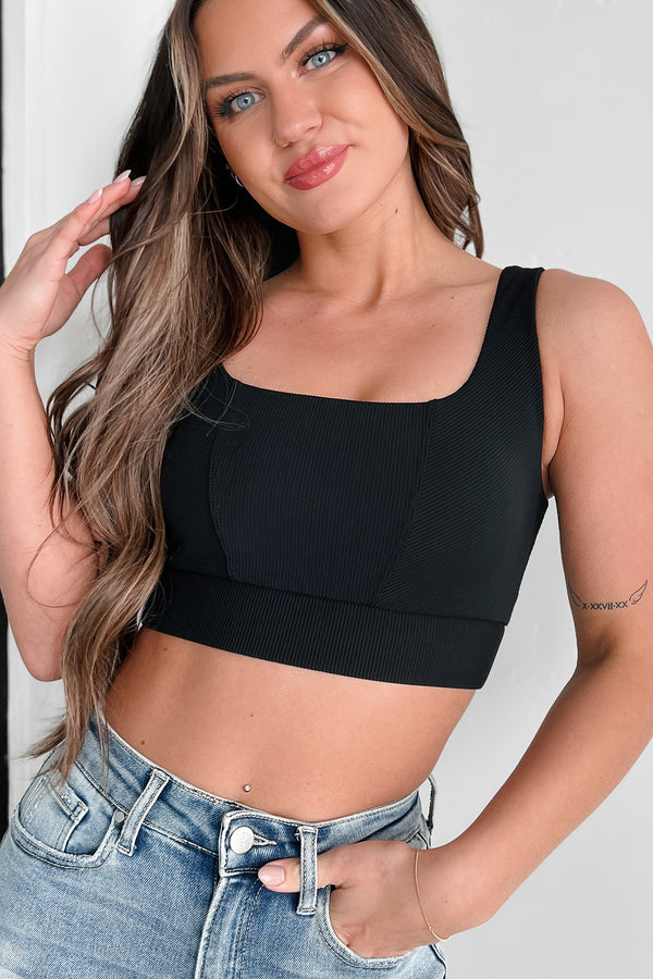 Power Lifting Ribbed Square Neck Sports Bra Top (Black) - NanaMacs