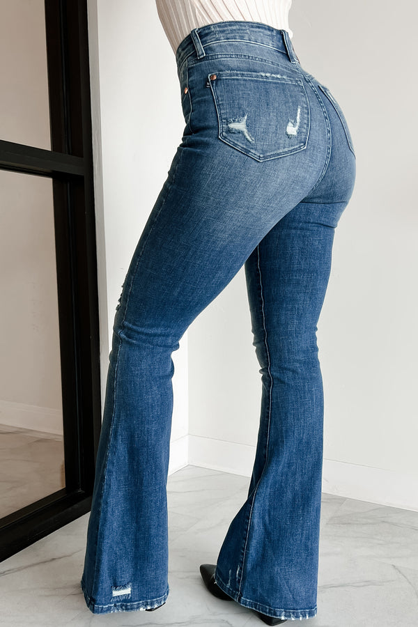 Matty Judy Blue High Rise Distressed Flare Jeans (Dark)