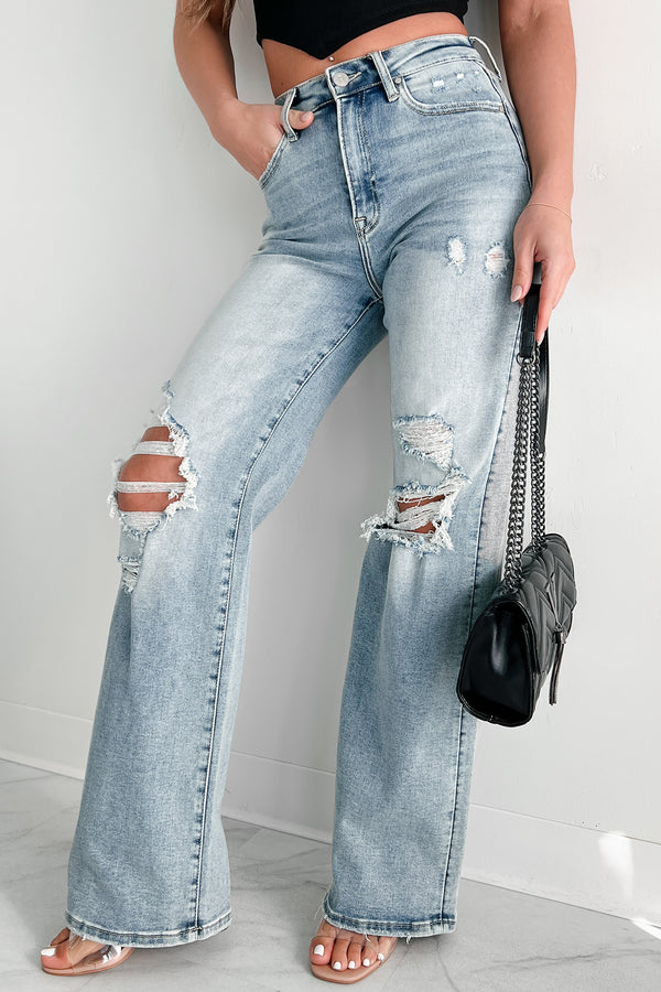 Kam High Rise Distressed Straight Leg Jeans (Light) - NanaMacs