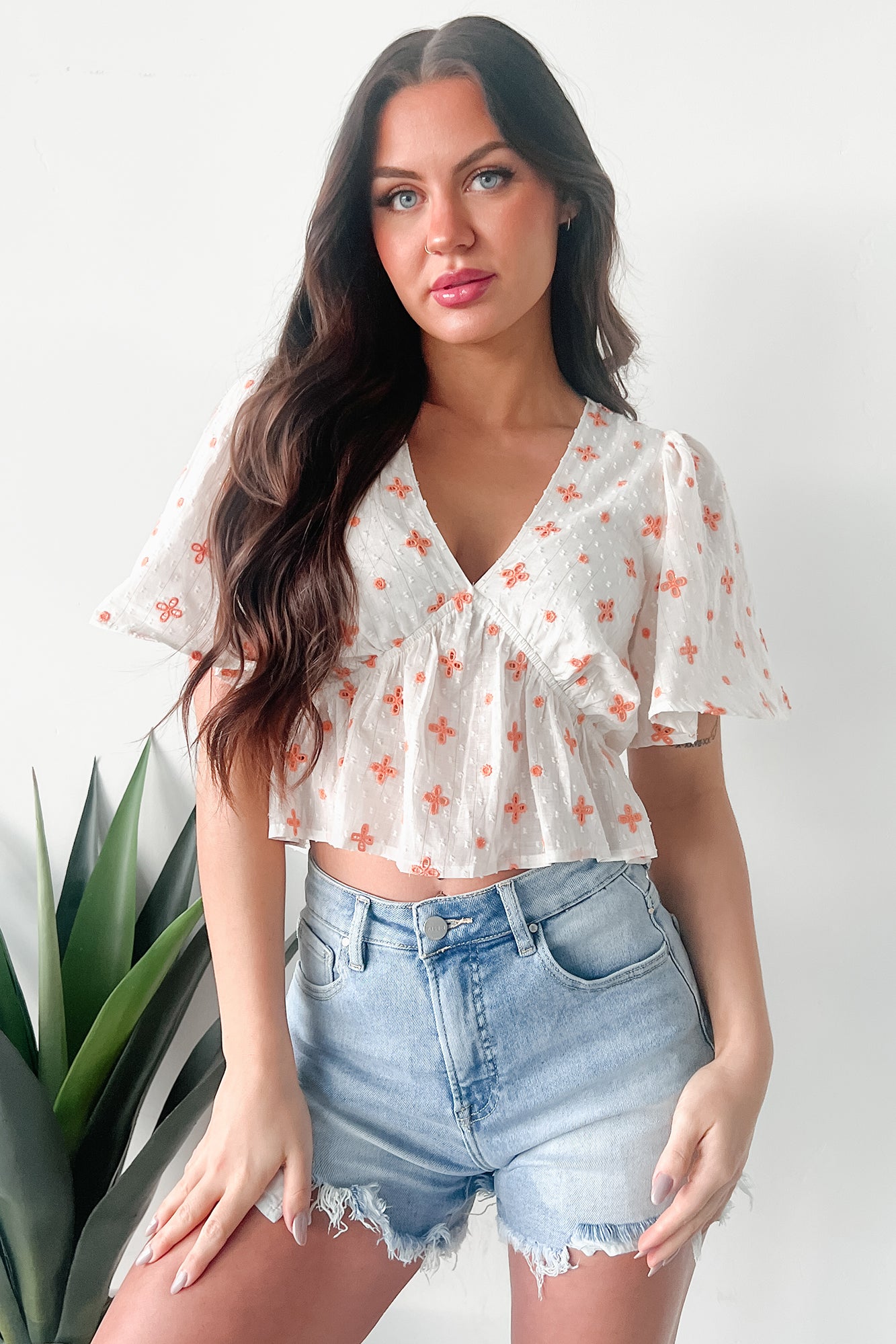 Irresistible Feelings Flutter Sleeve V-Neck Top (White/Coral) - NanaMacs