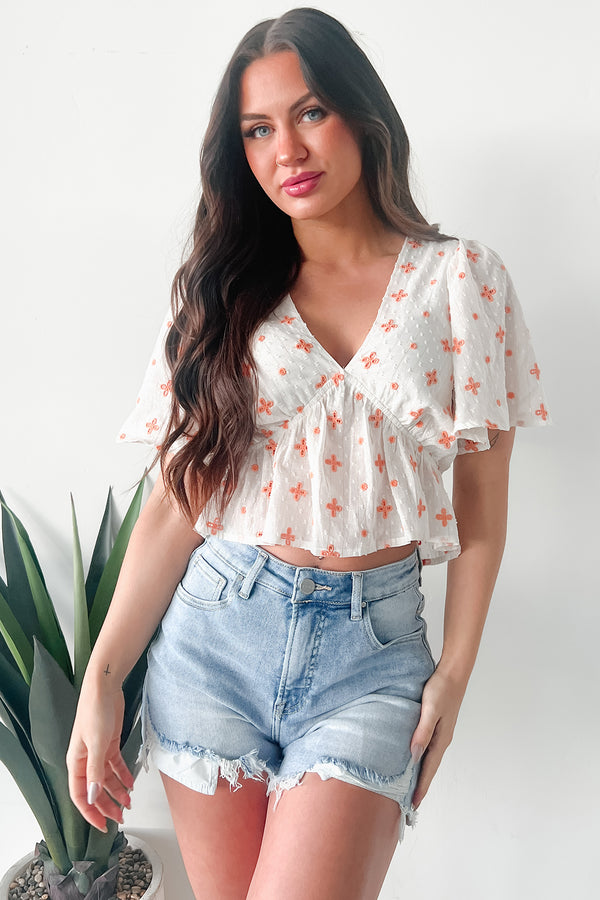 Irresistible Feelings Flutter Sleeve V-Neck Top (White/Coral) - NanaMacs