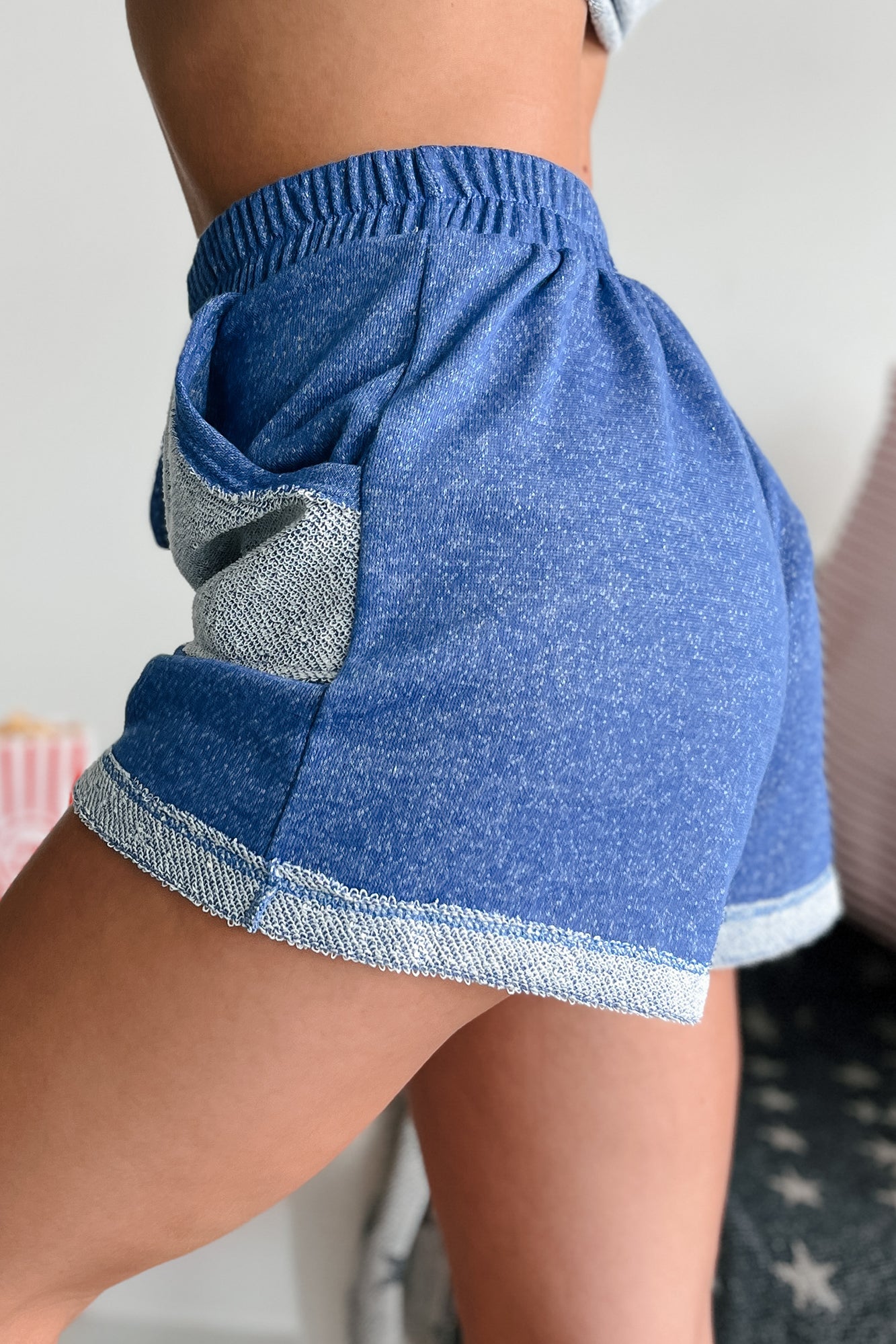Happiness Found Contrast Knit Lounge Shorts (Indigo) - NanaMacs