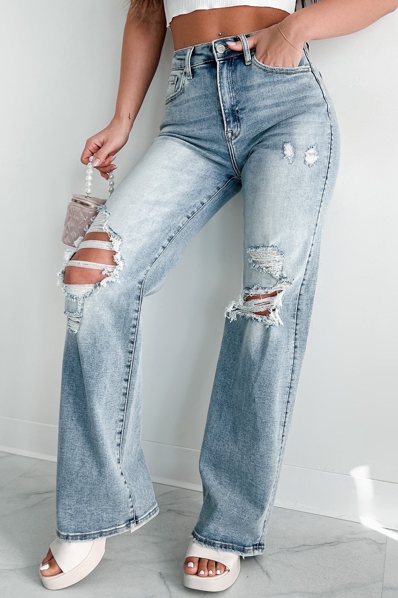 Kam High Rise Distressed Straight Leg Jeans (Light) · NanaMacs