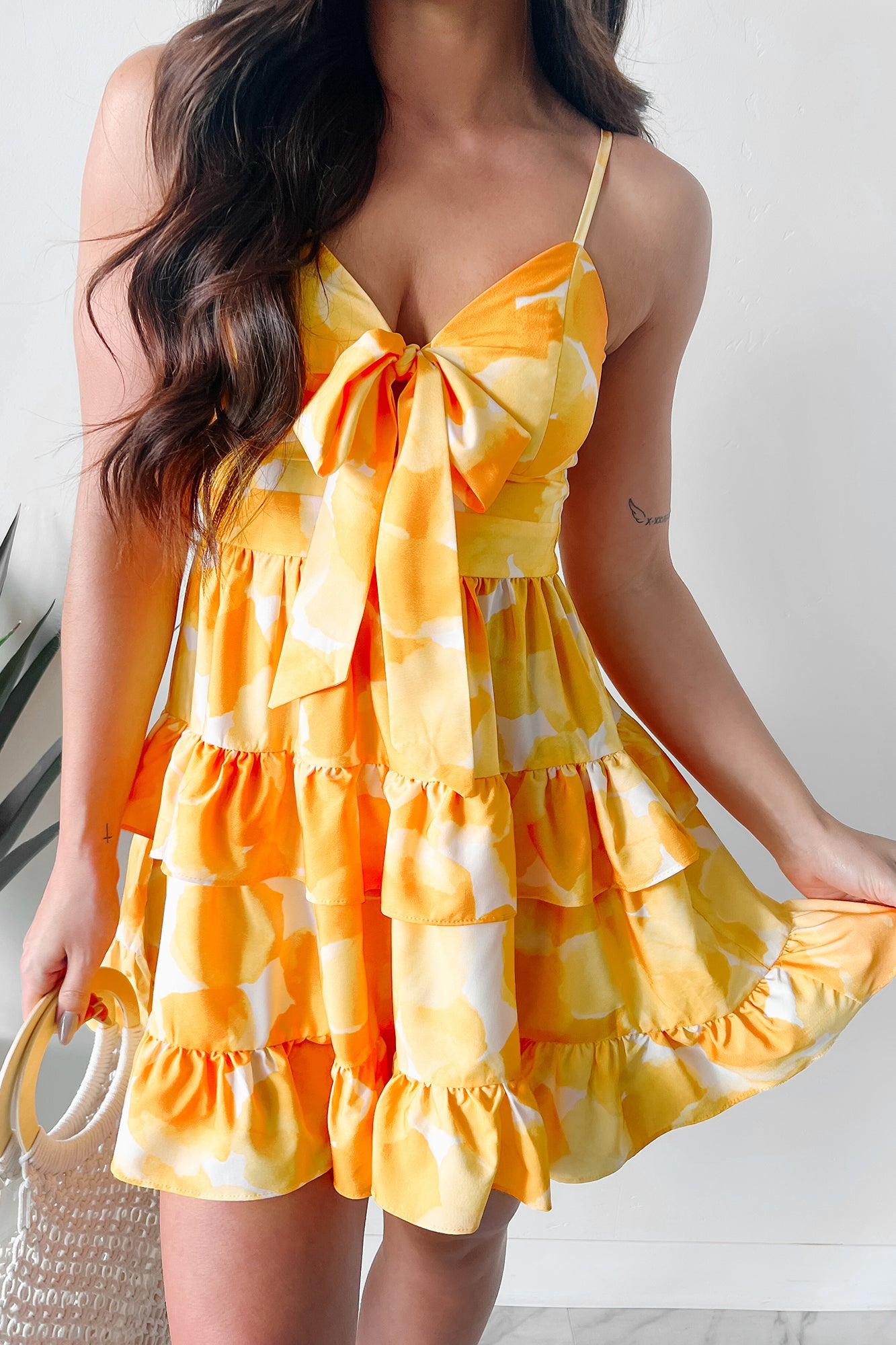 Women's Chasing the Sun Ruffled Print Bow Tie Mini Dress in Lemon Women's Chasing the Sun Ruffled Print Bow Tie Mini Dress in Lemon