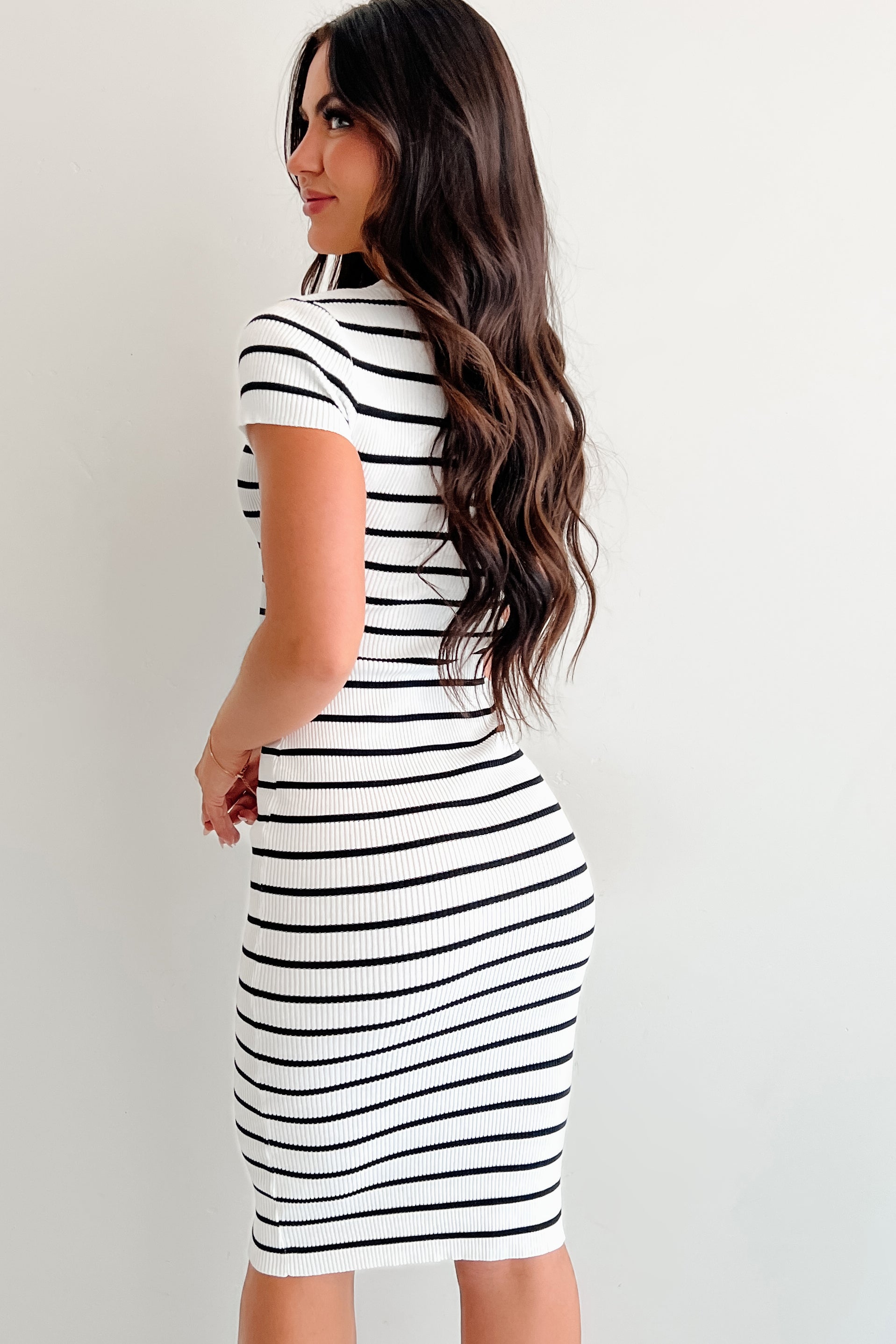 The Real Thing Striped Bodycon Midi Dress (White) - NanaMacs