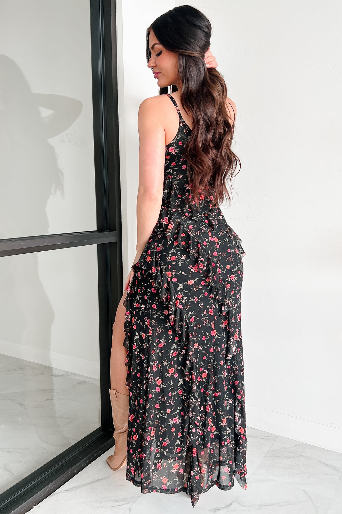 Compelling Looks Floral Mesh Ruffle Maxi Dress (Black/Red) - NanaMacs