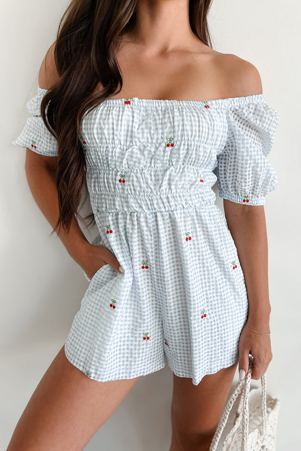 Picnic Views Gingham Cherry Romper (Light Blue) - NanaMacs