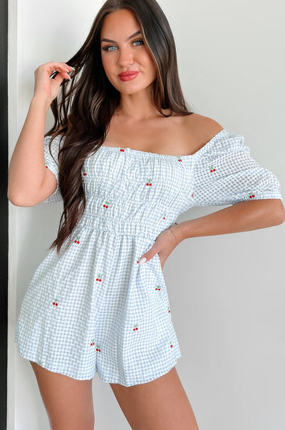 Picnic Views Gingham Cherry Romper (Light Blue) - NanaMacs