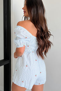 Picnic Views Gingham Cherry Romper (Light Blue) - NanaMacs