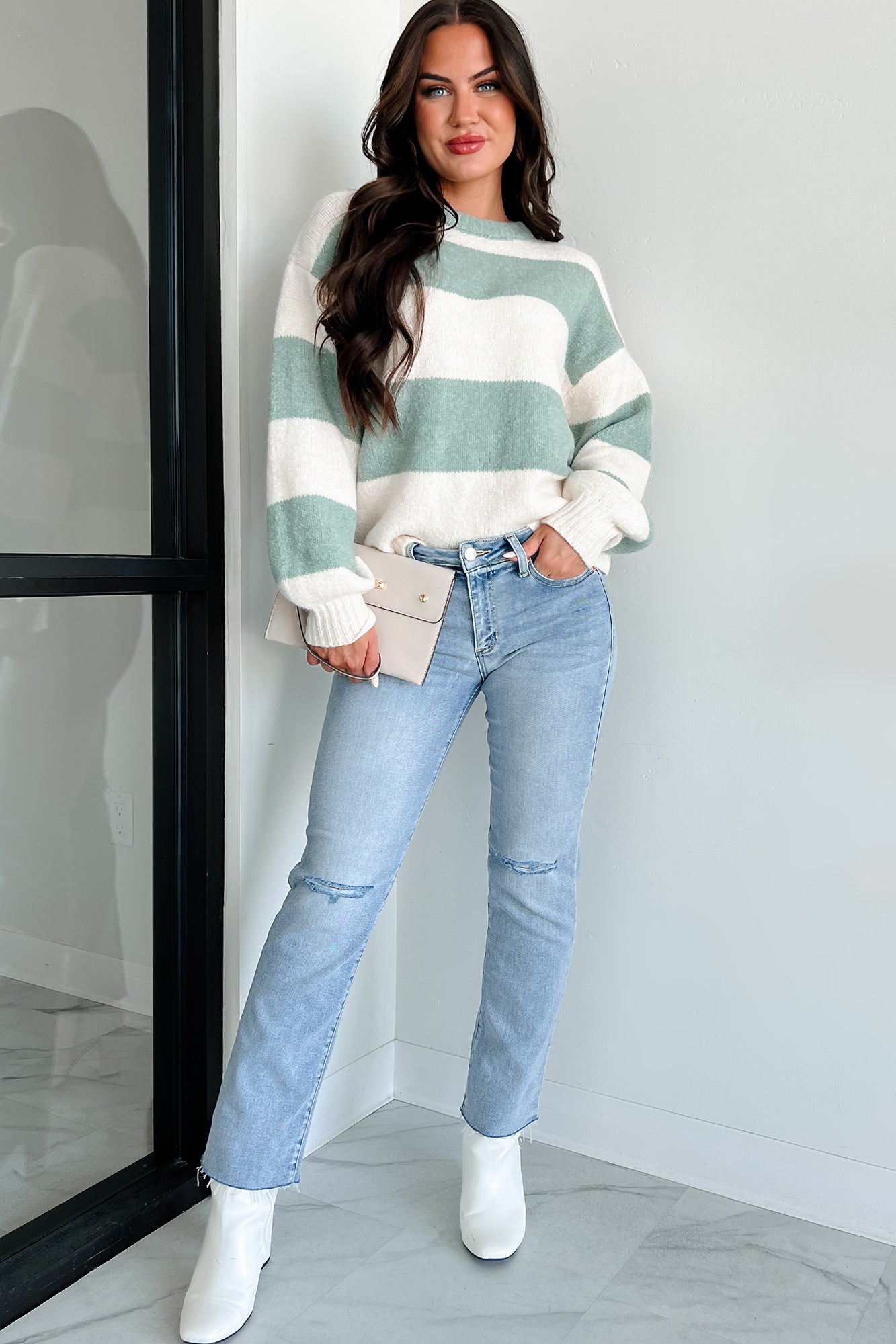 Cool Weather Casual Colorblock Sweater (Sage/Ivory) - NanaMacs