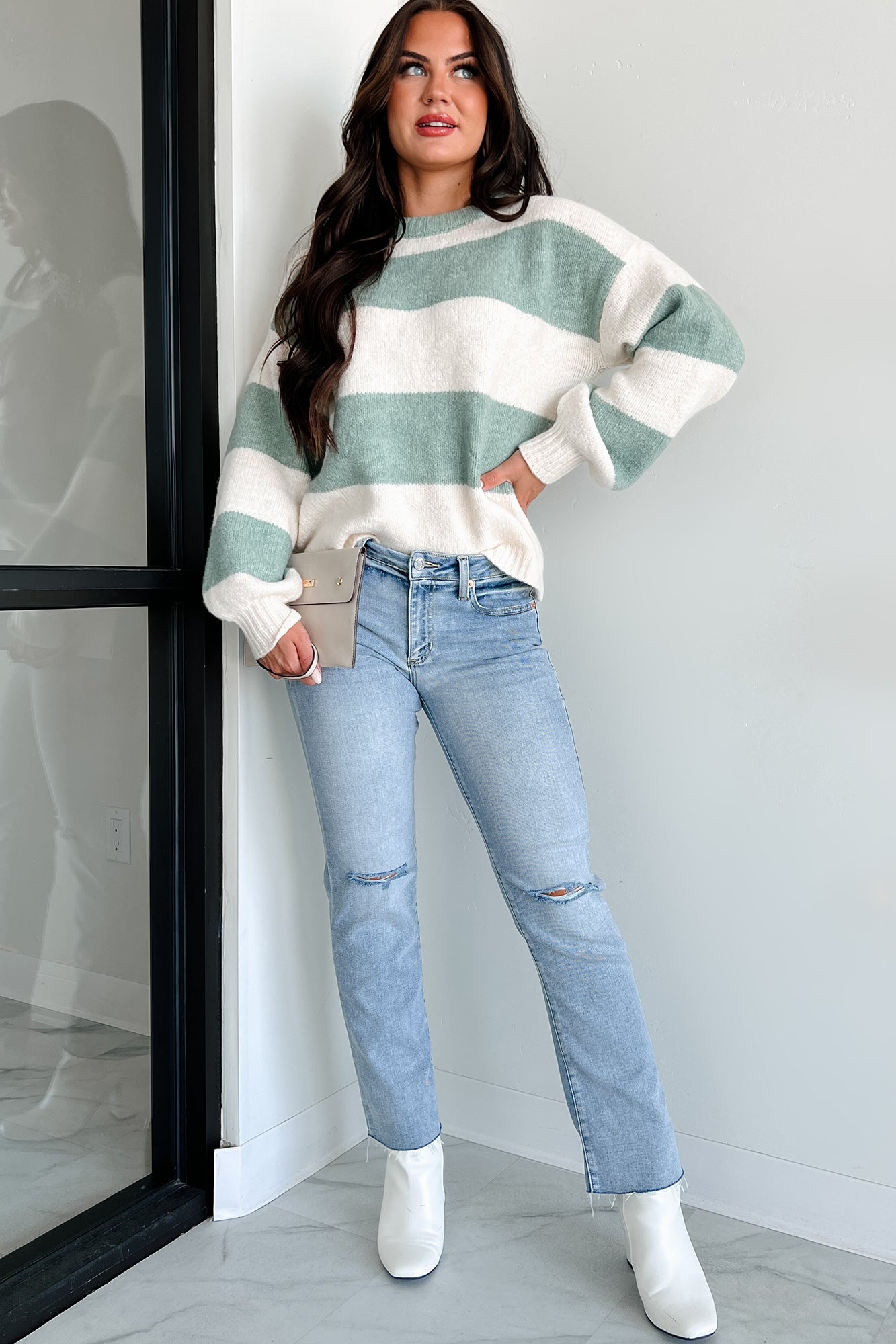 Cool Weather Casual Colorblock Sweater (Sage/Ivory) - NanaMacs