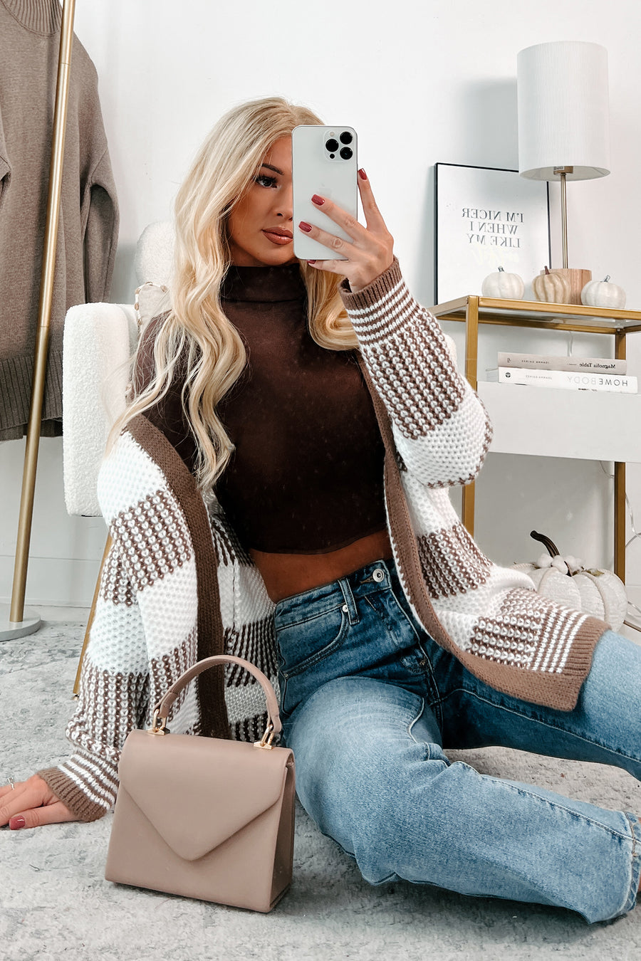 Cabin Bound Striped Sweater Cardigan (Mocha)