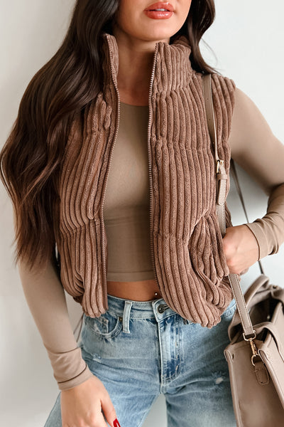 Enjoying Fall Corded Puffer Vest (Chocolate) - NanaMacs