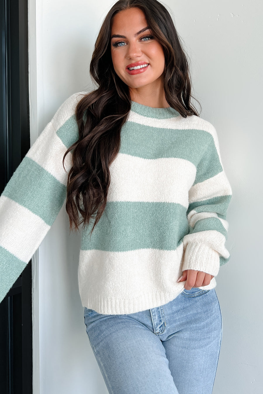 Cool Weather Casual Colorblock Sweater (Sage/Ivory) - NanaMacs