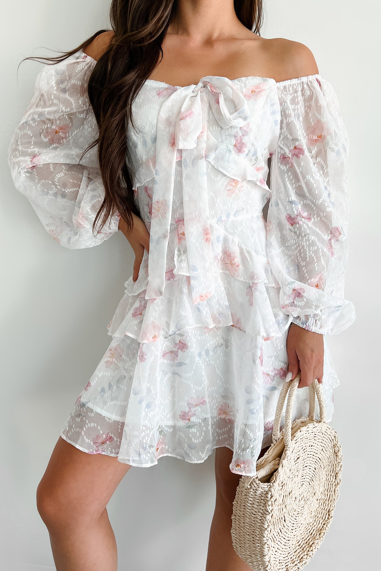 Whispering Willow Tiered Floral Mini Dress (White/Pink) - NanaMacs