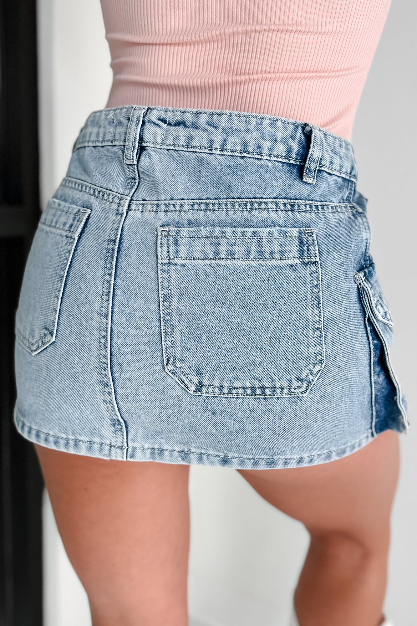 No Pep Talk Needed Denim Cargo Mini Skirt (Light Denim) - NanaMacs