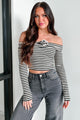 Lovestruck Fool Stripe Rosette Off The Shoulder Top (Black) - NanaMacs