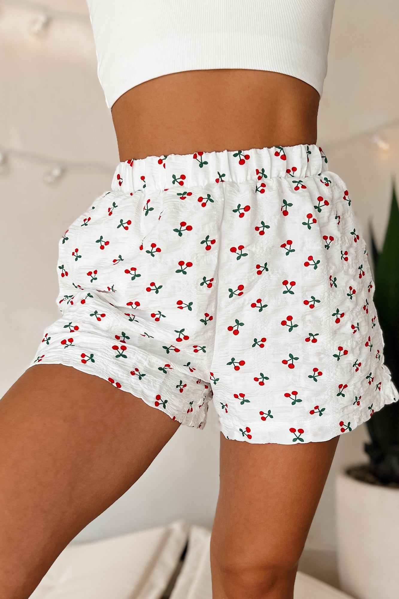 Cuteness Activated Cherry Print Shorts (Off White) - NanaMacs