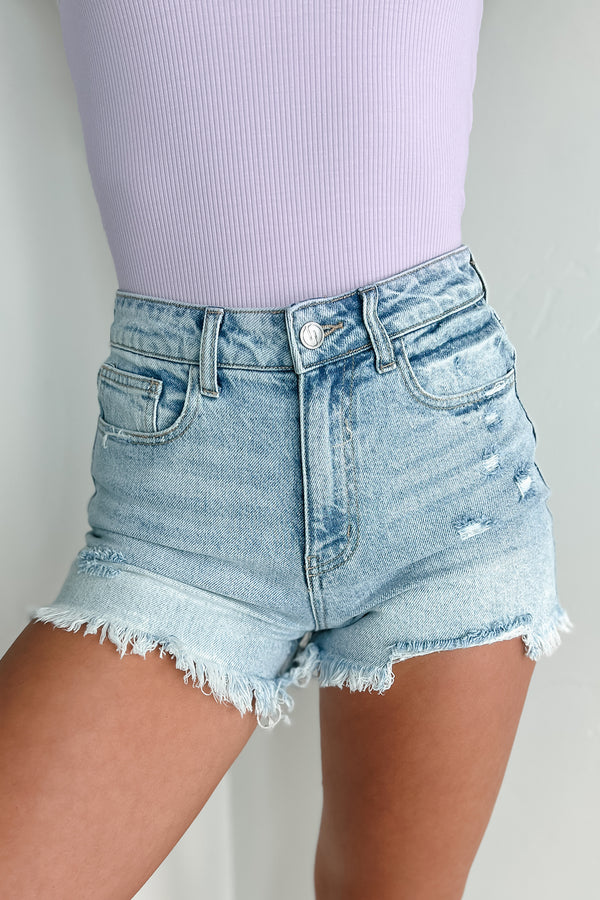 Summertime Feelings Lightly Distressed High Rise Denim Shorts (Light) - NanaMacs