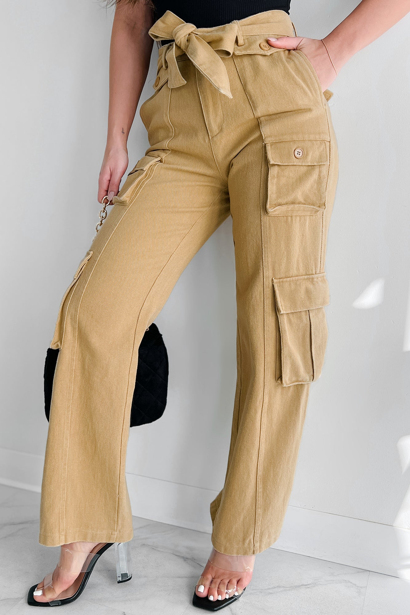 High Waisted Casual Woven Cargo Pants