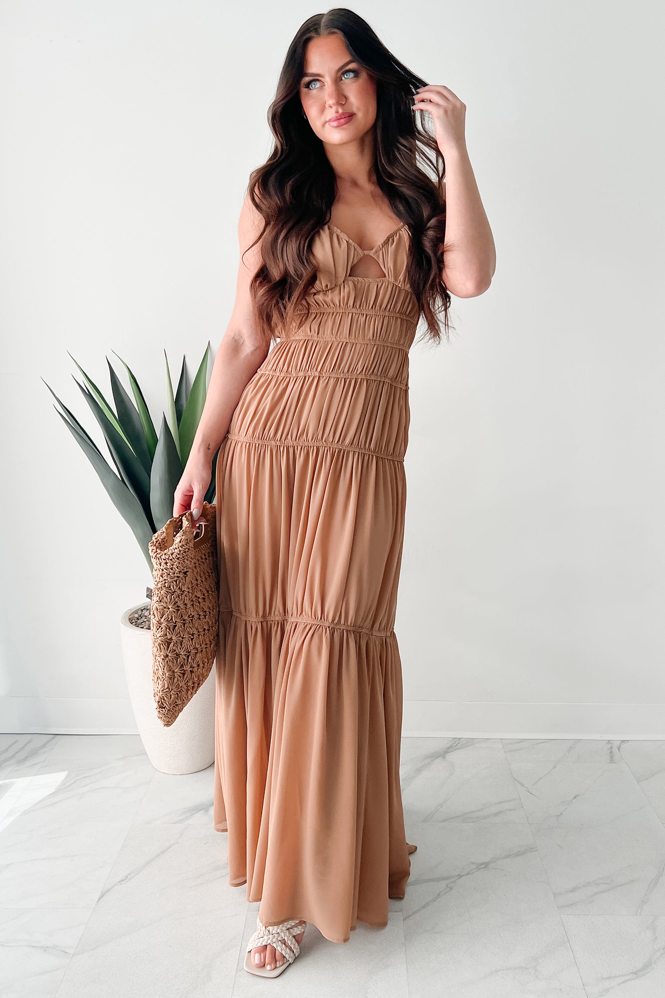 Strolling In Sicily Ruched Maxi Dress (Tan) - NanaMacs