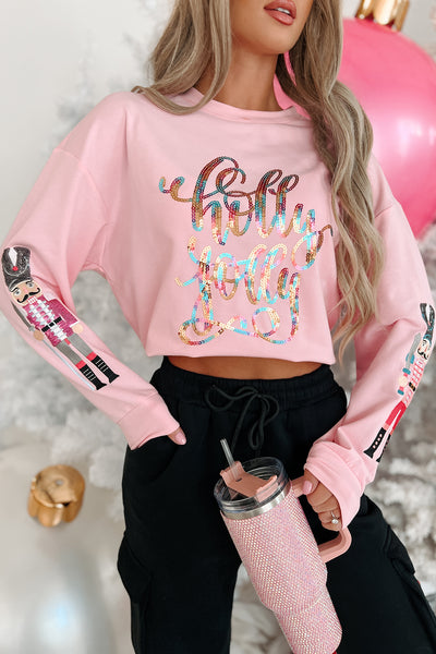 Extra Holly, Extra Jolly Sequin Graphic Top (Baby Pink) - NanaMacs