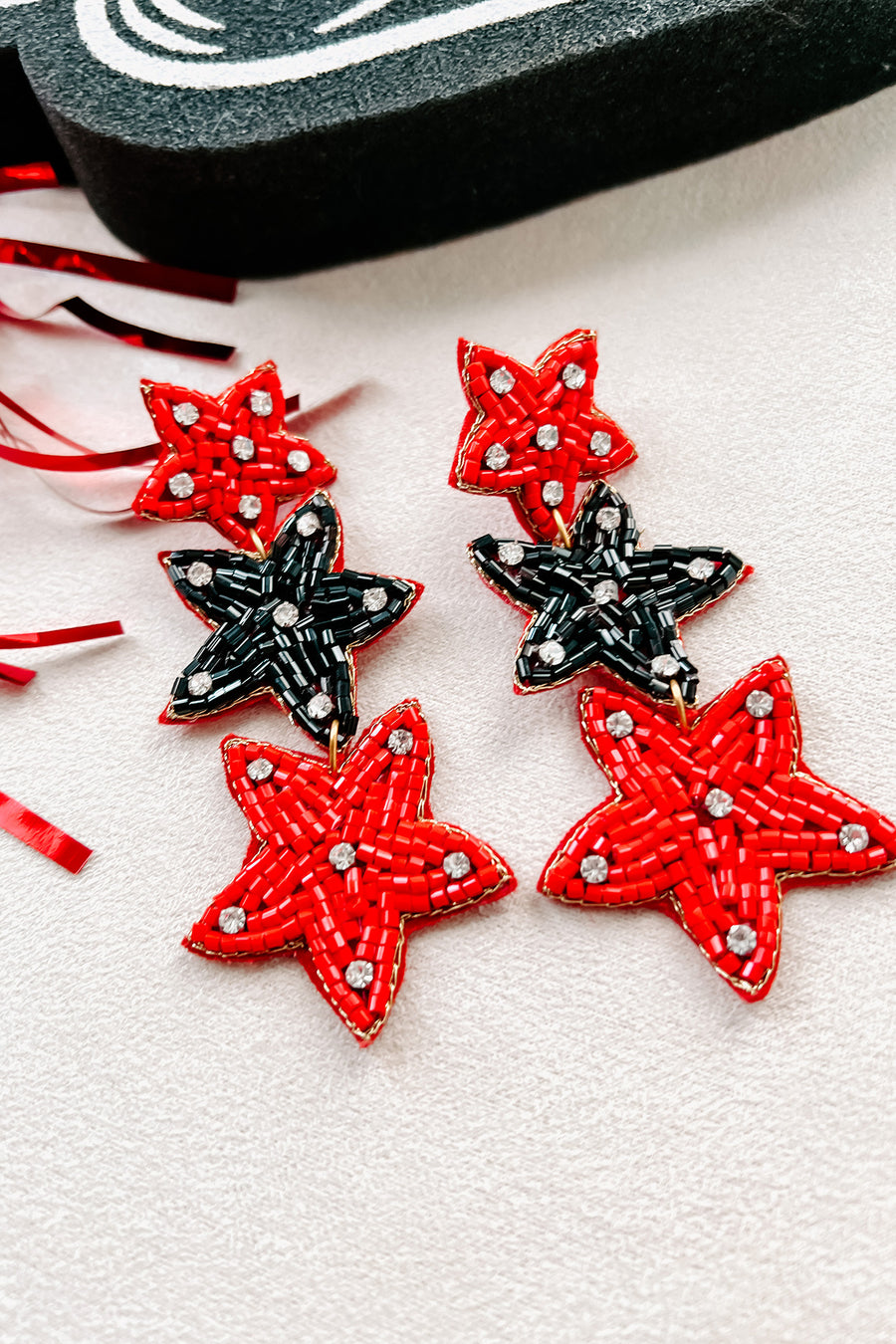 Shine Brighter Beaded Star Dangle Earrings (Red/Black Star) - NanaMacs