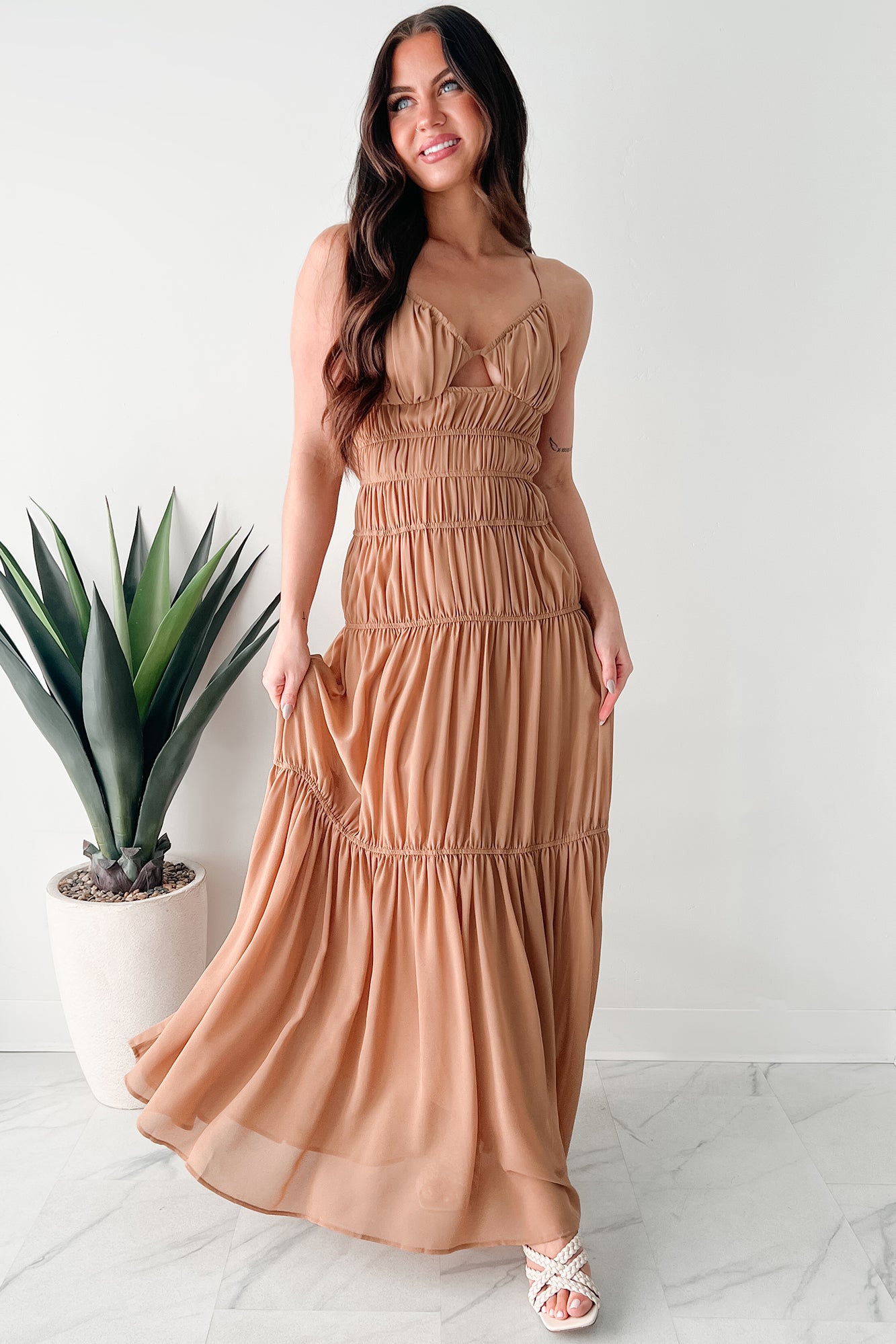 Strolling In Sicily Ruched Maxi Dress (Tan) - NanaMacs