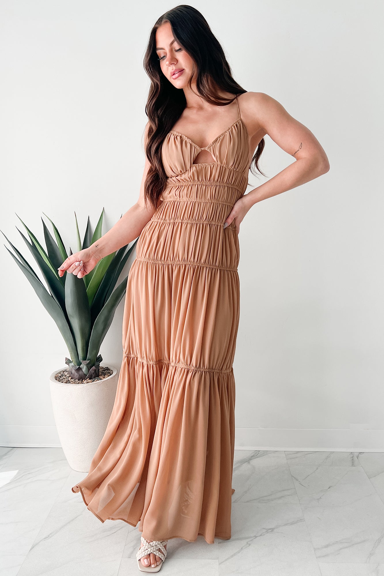 Strolling In Sicily Ruched Maxi Dress (Tan) - NanaMacs