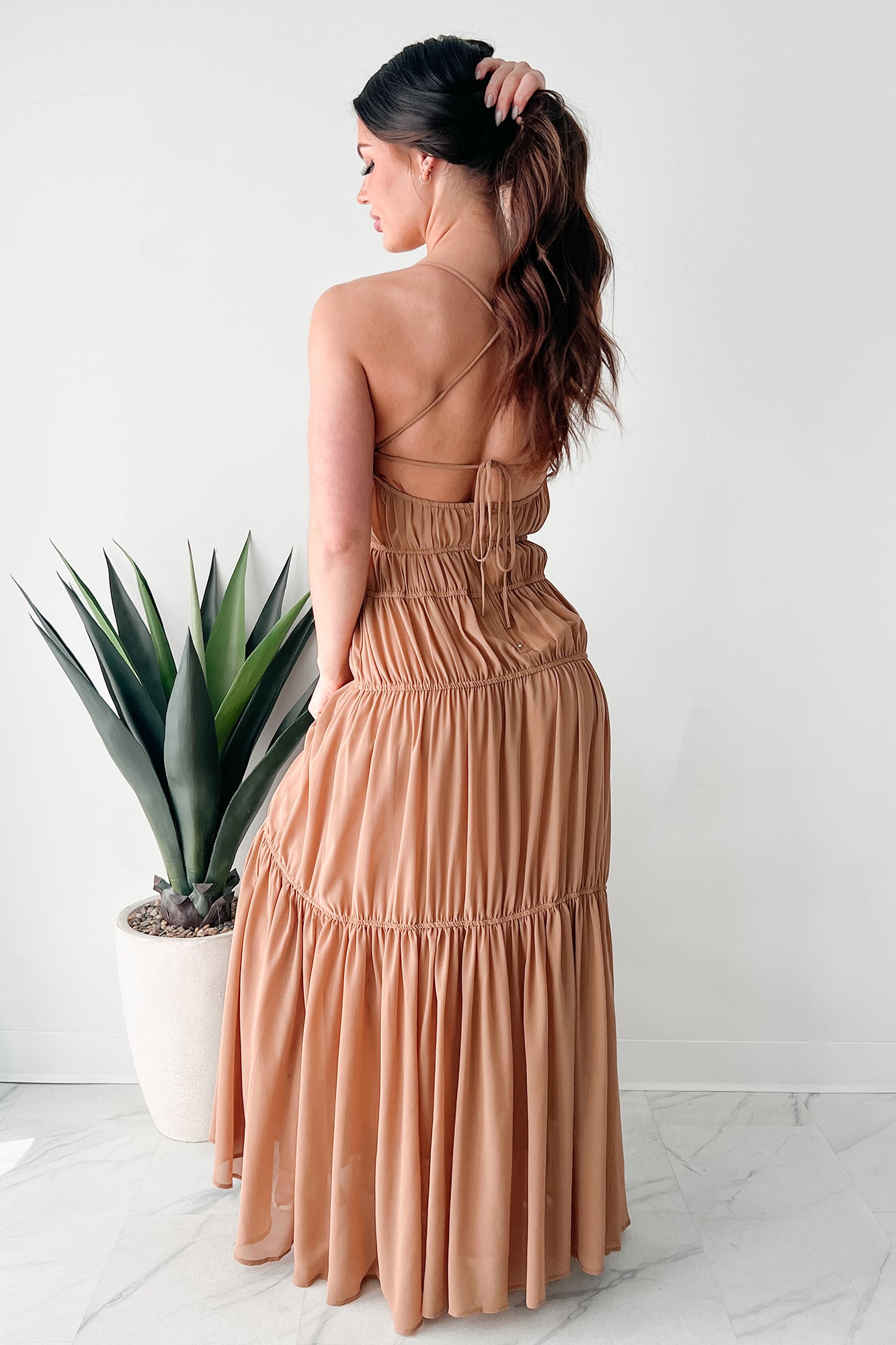 Strolling In Sicily Ruched Maxi Dress (Tan) - NanaMacs