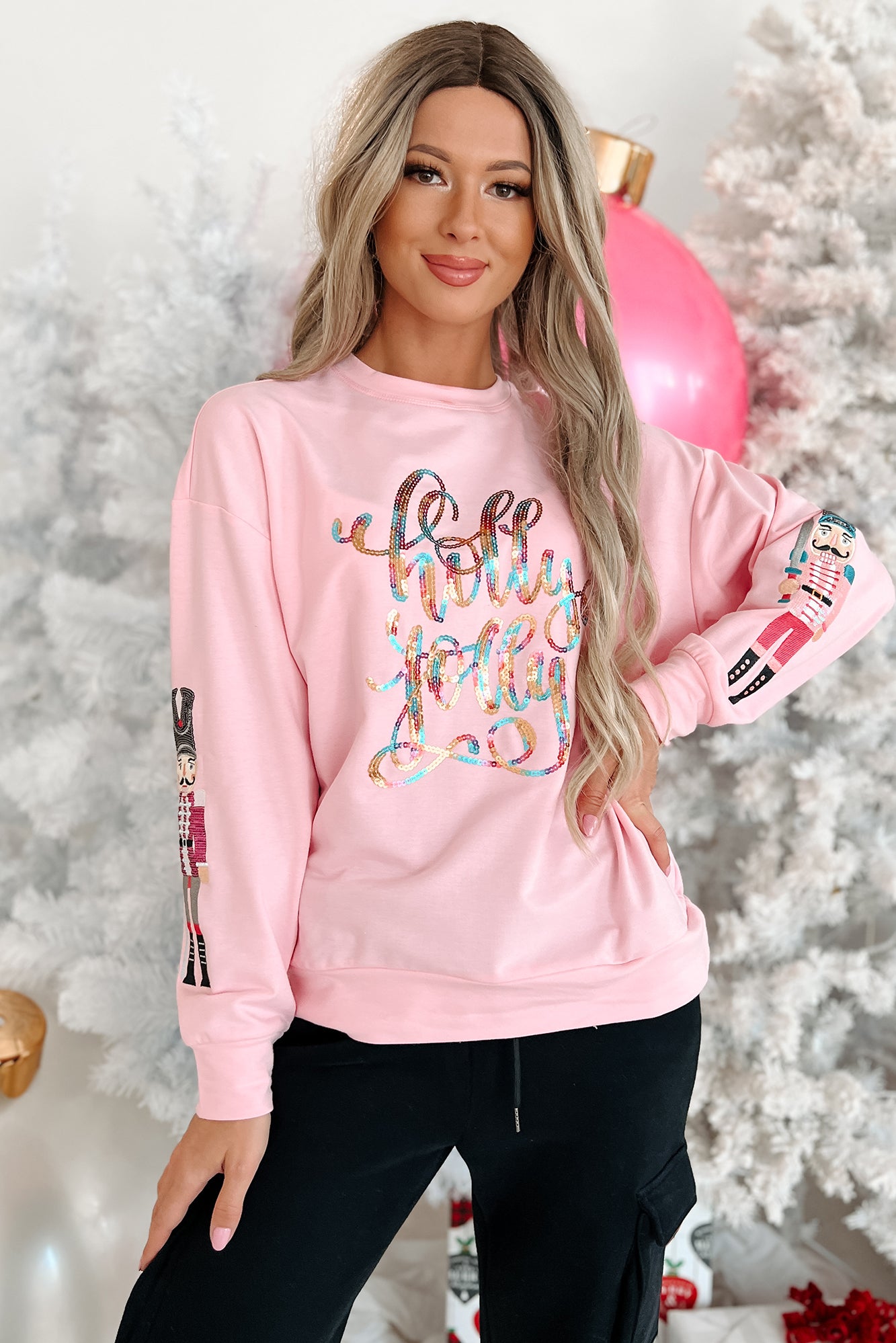 Extra Holly, Extra Jolly Sequin Graphic Top (Baby Pink) - NanaMacs