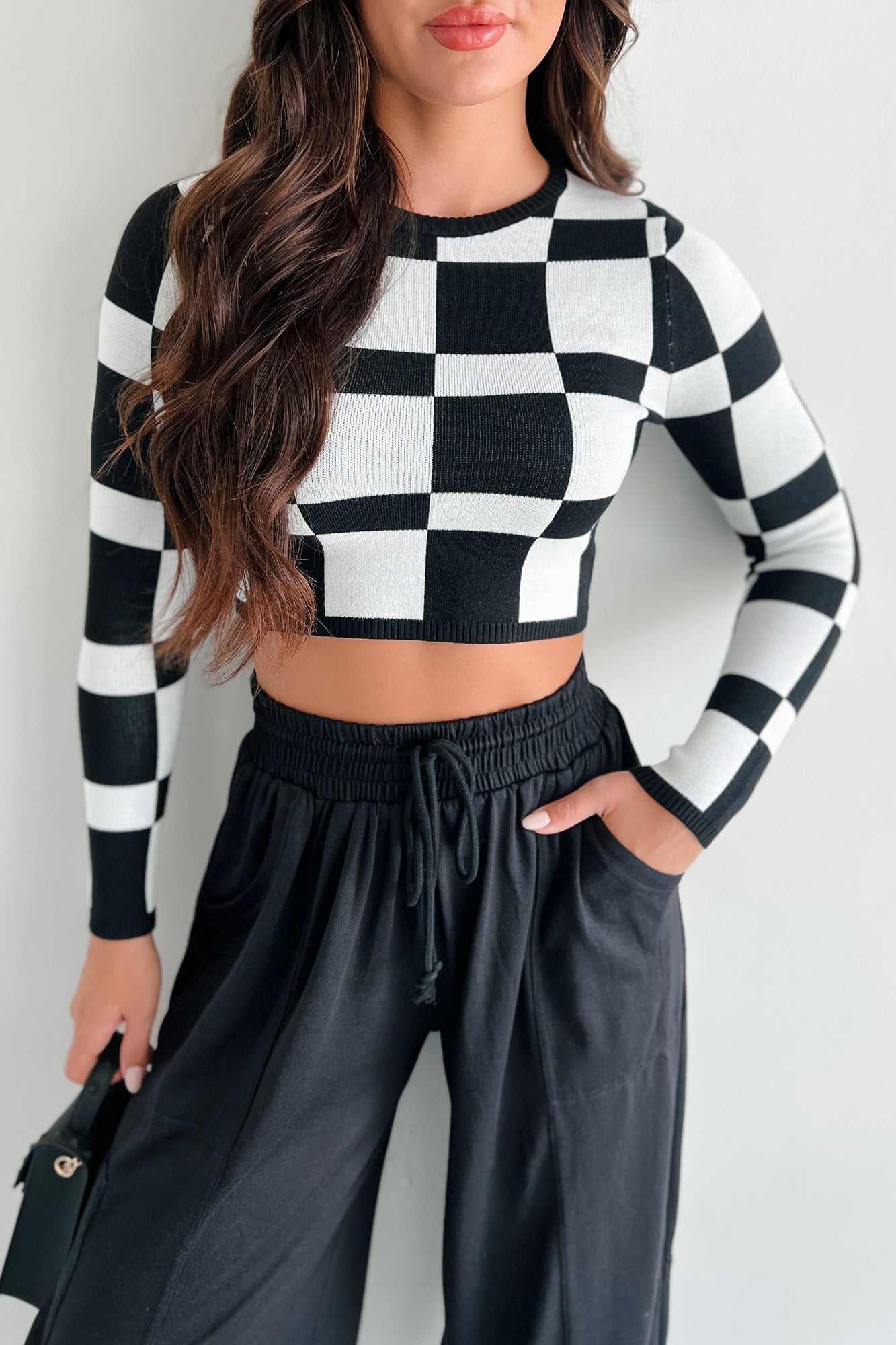 Supplying The Demand Checker Knit Long Sleeve Top (Black) - NanaMacs