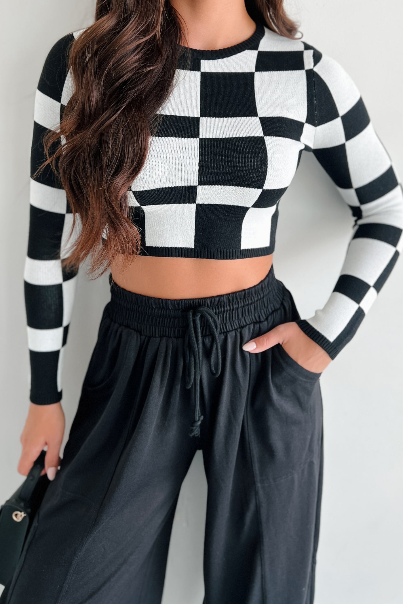 Supplying The Demand Checker Knit Long Sleeve Top (Black) - NanaMacs