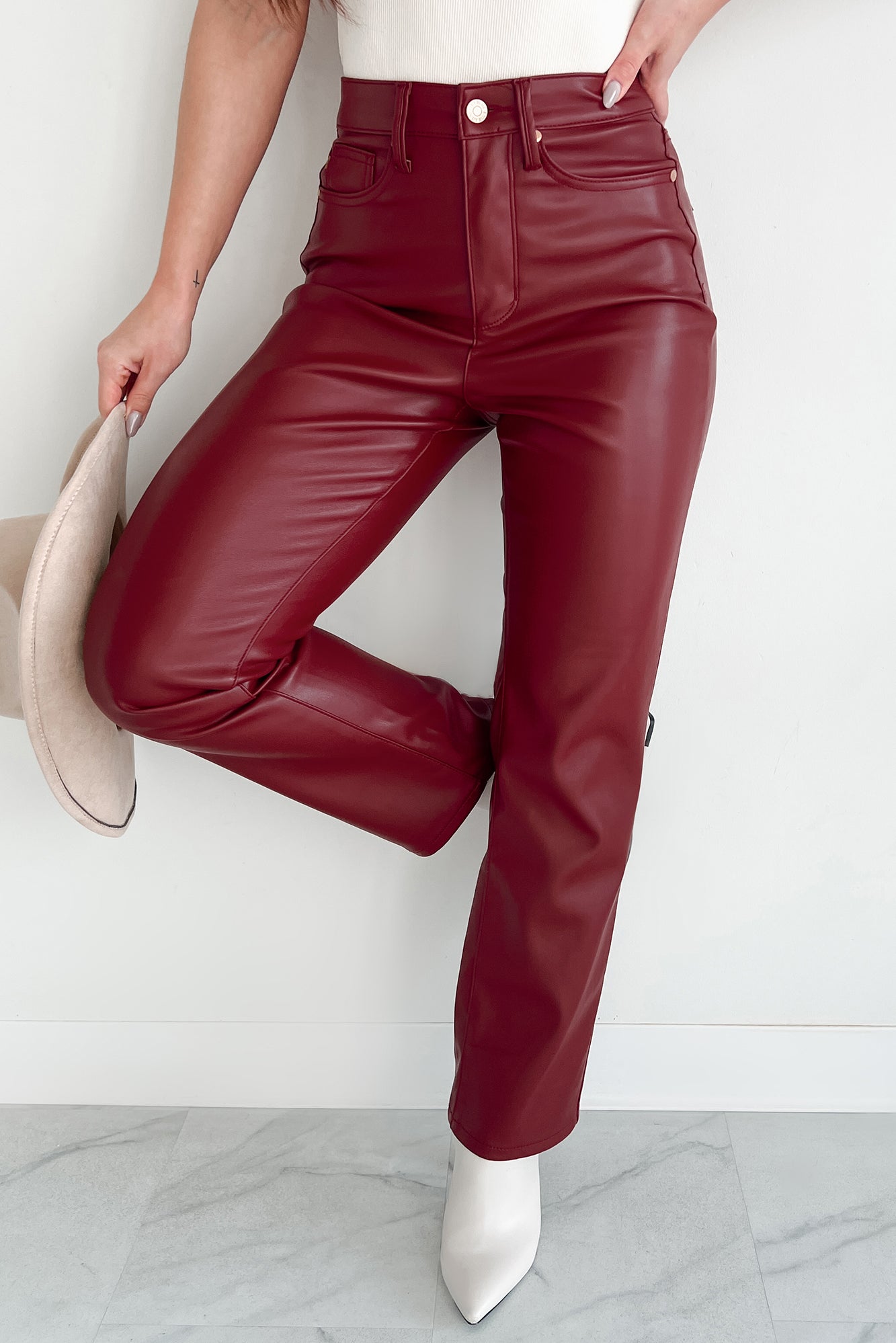 Lexly Judy Blue High Rise Tummy Control Faux Leather Pants (Red) - NanaMacs