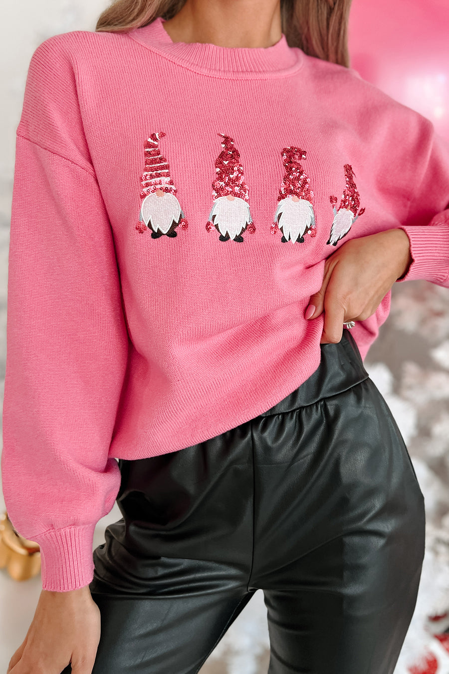 Christmas Gnomes Sequin & Embroidered Sweater (Pink) - NanaMacs