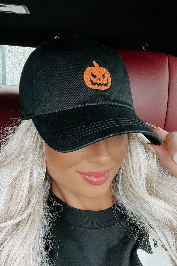 Pumpkin Head Embroidered Baseball Cap (Black) - NanaMacs