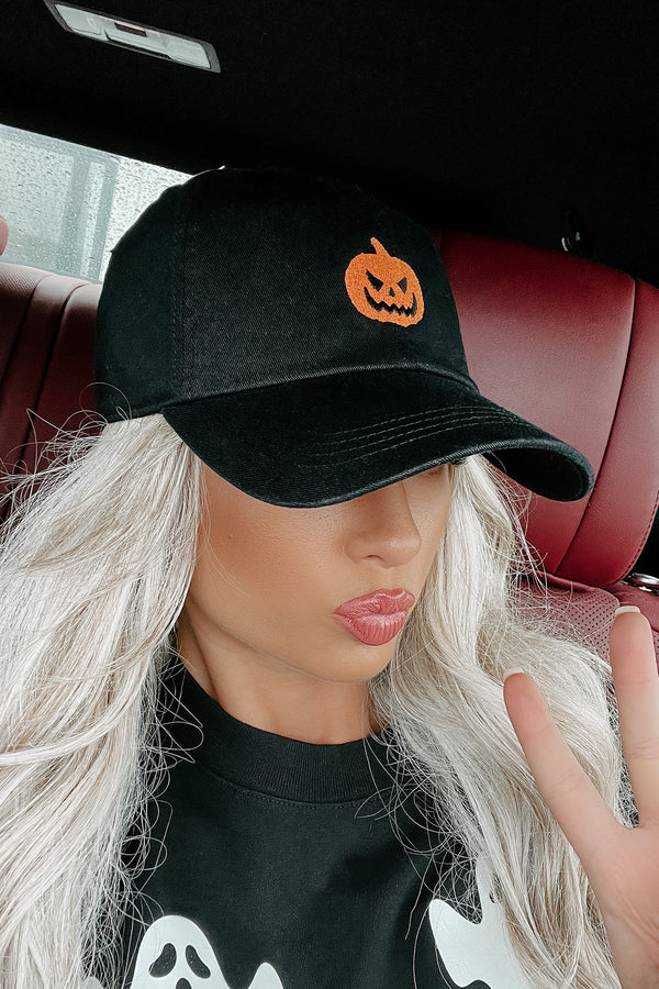 Pumpkin Head Embroidered Baseball Cap (Black) - NanaMacs