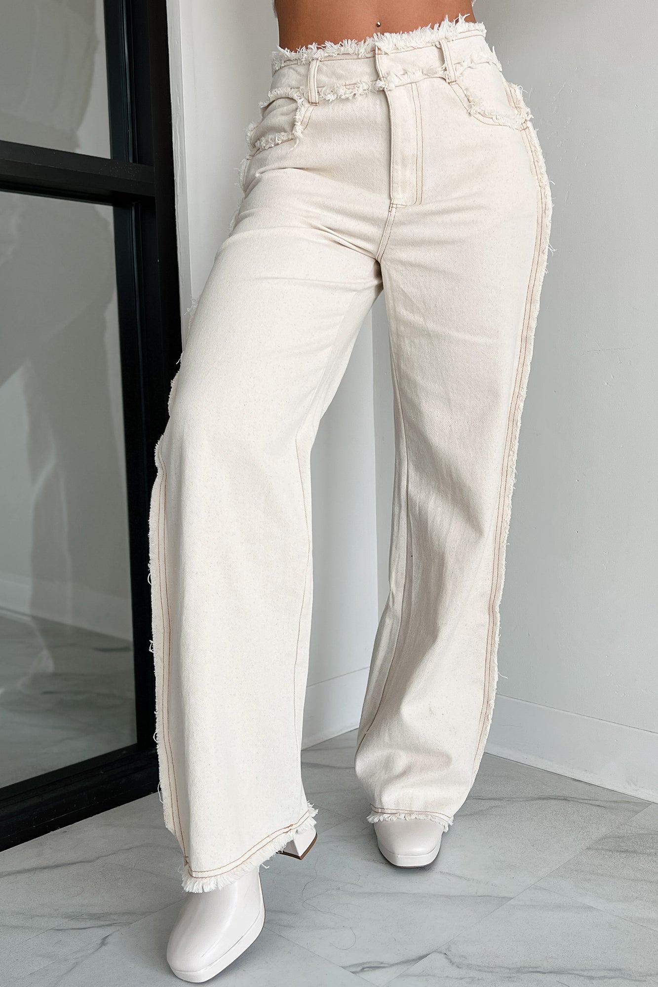 Roswell Frayed Seam Wide Leg Jeans (Off White Denim) - NanaMacs