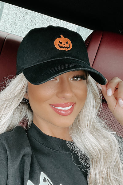 Pumpkin Head Embroidered Baseball Cap (Black) - NanaMacs