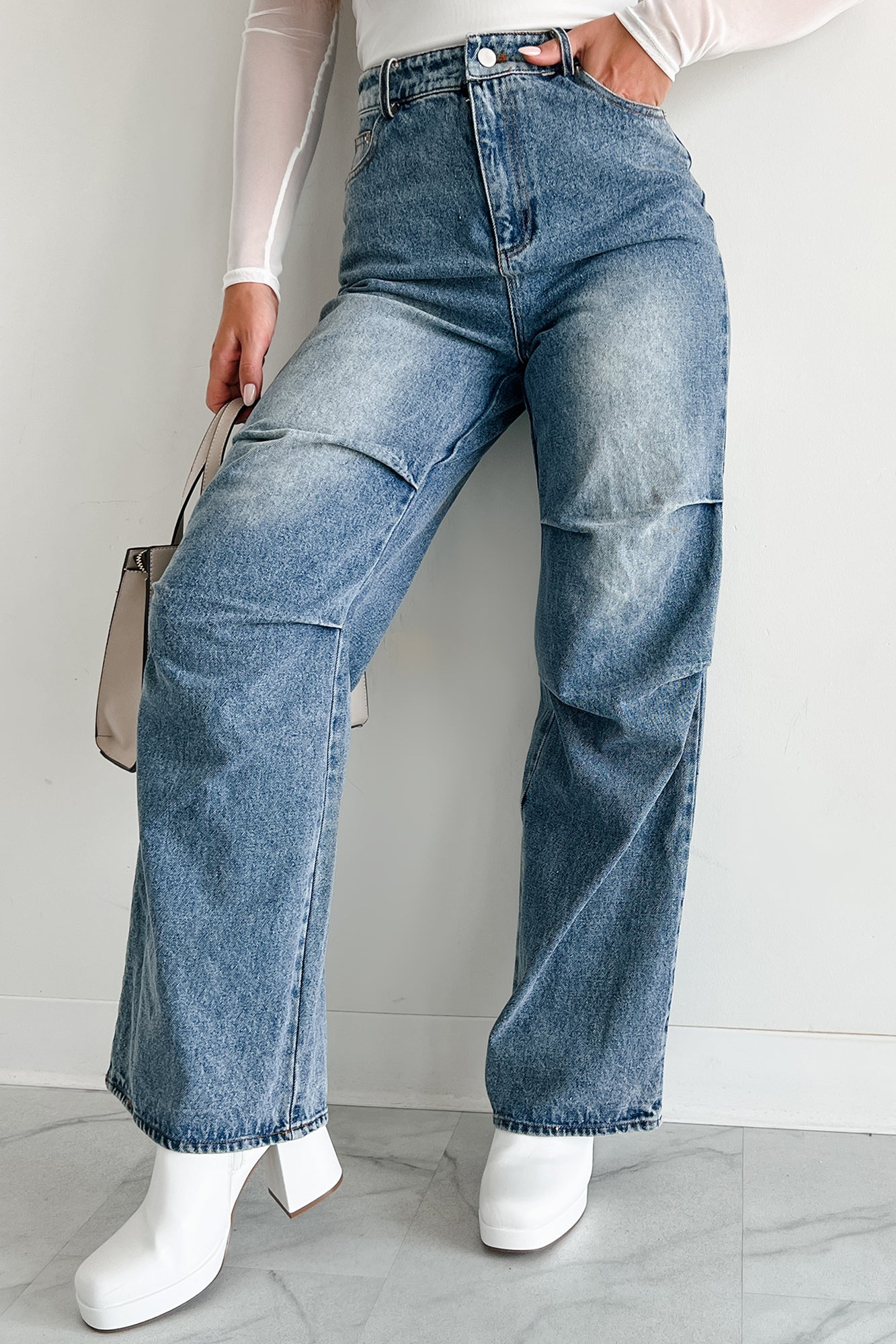 Urban Roots Knee Tuck Wide Leg Jeans (Washed Denim)